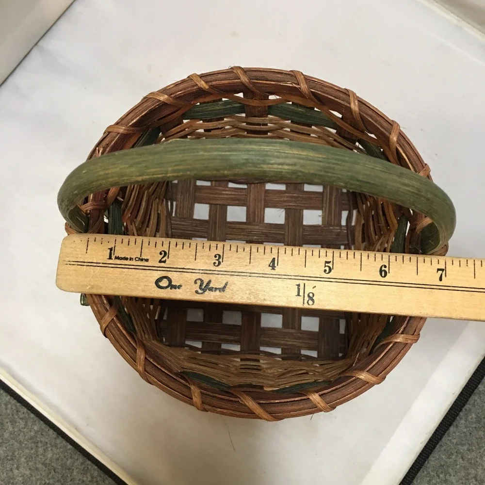 Woven Wood Basket Small Brown Green Bow Handle Rustic Decor Farmhouse Country